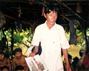A Yanomamo man teaching at a seminar